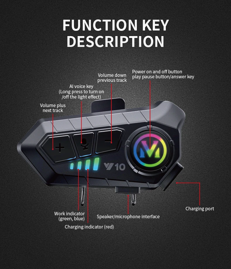 Y10 Bluetooth 5.3 Helmet Headset Wireless Hands-free Call Phone Kit Motorcycle Waterproof Earphone Music Player Speaker for Moto