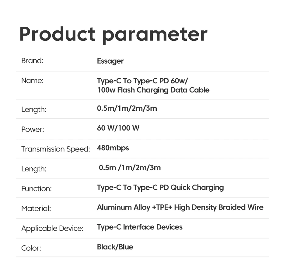 Essager 100W USB Type C To USB C Cable USB-C PD Fast Charging Charger Wire Cord For Macbook Samsung Xiaomi Type-C USBC Cable 3M