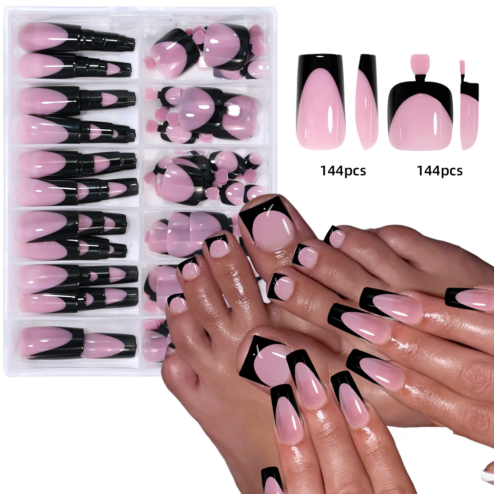 144pcs French Hand and Foot Wear Nail Set Summer Short Square Shiny False Toenail Acrylic Full Coverage Suitable for Nail Salon
