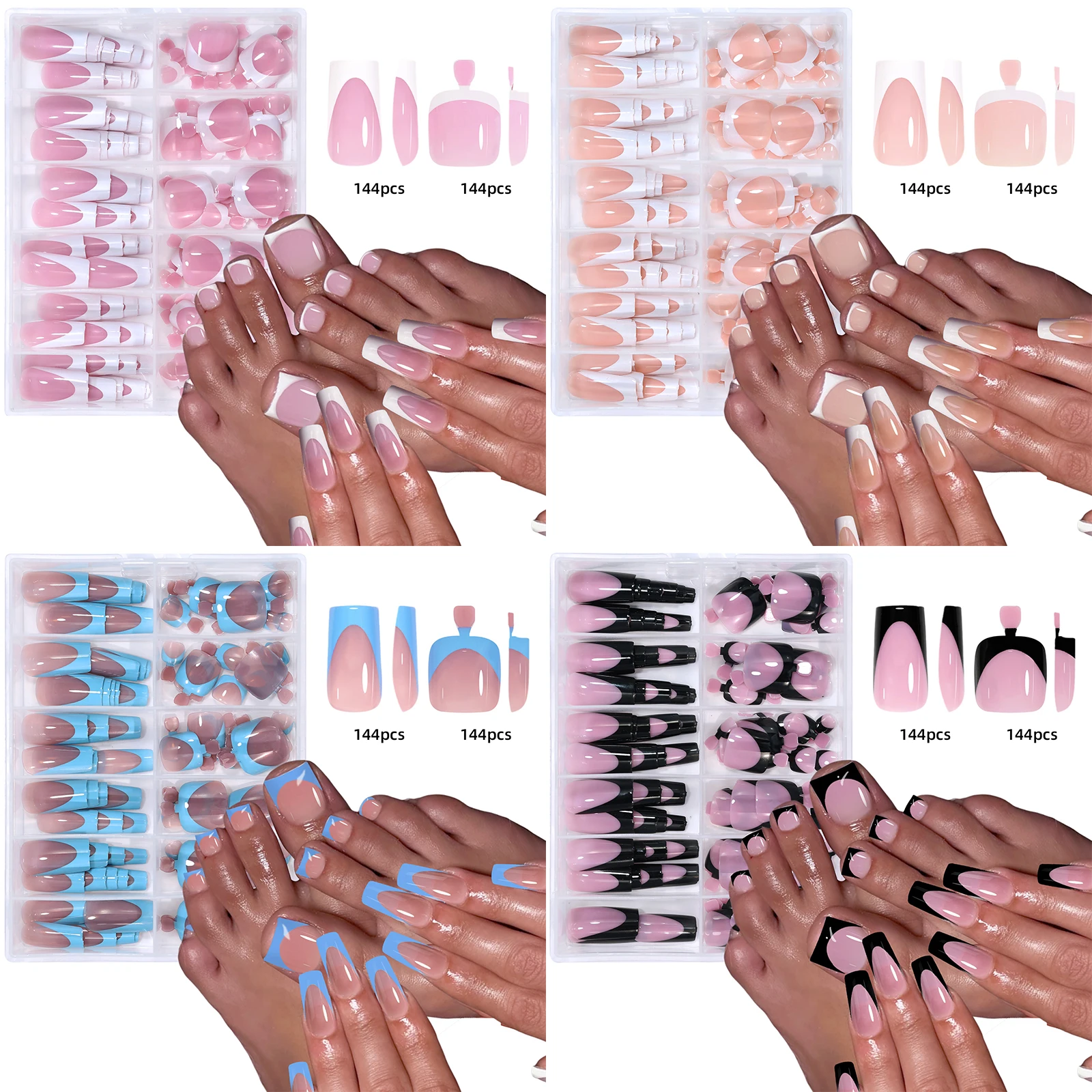 144pcs French Hand and Foot Wear Nail Set Summer Short Square Shiny False Toenail Acrylic Full Coverage Suitable for Nail Salon