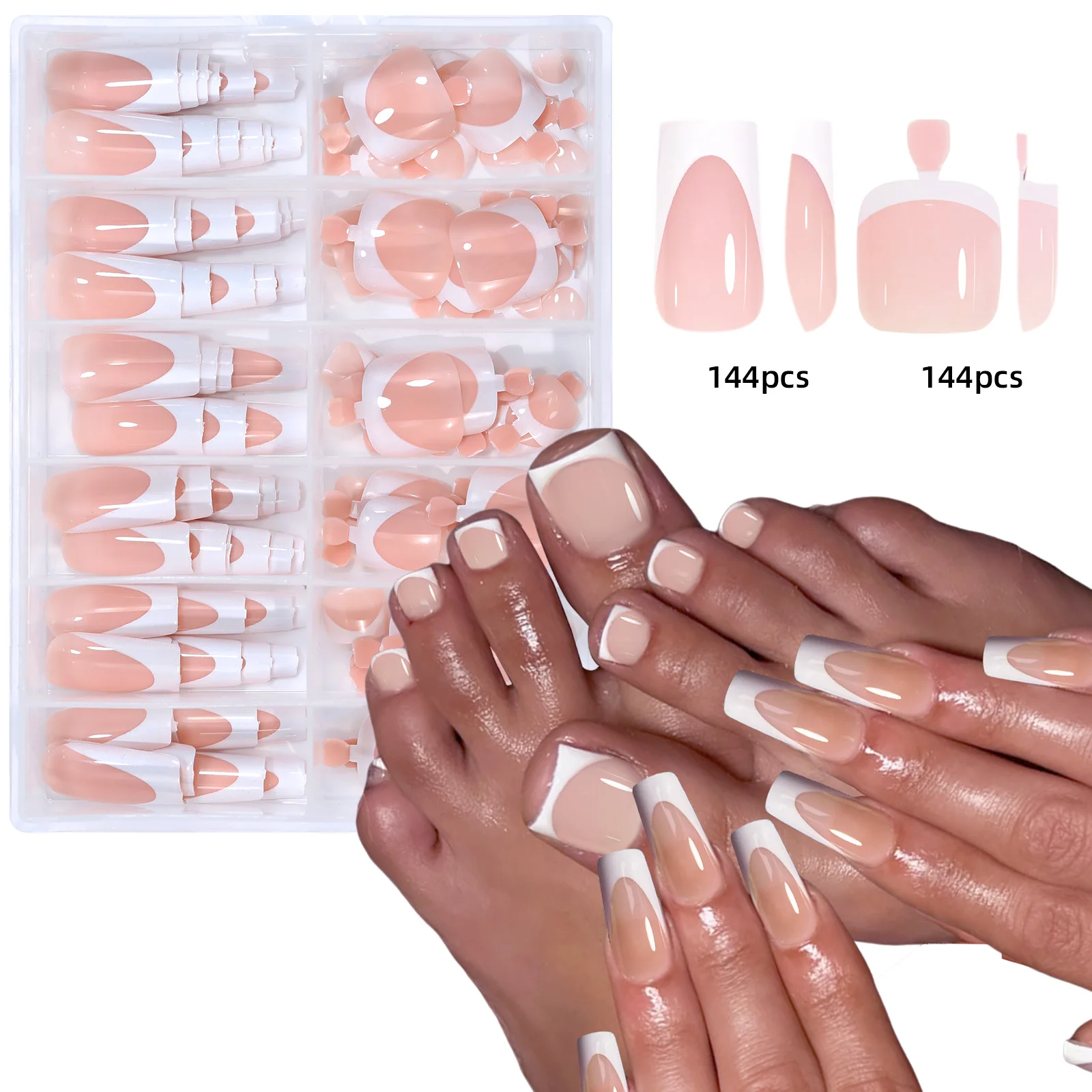 144pcs French Hand and Foot Wear Nail Set Summer Short Square Shiny False Toenail Acrylic Full Coverage Suitable for Nail Salon