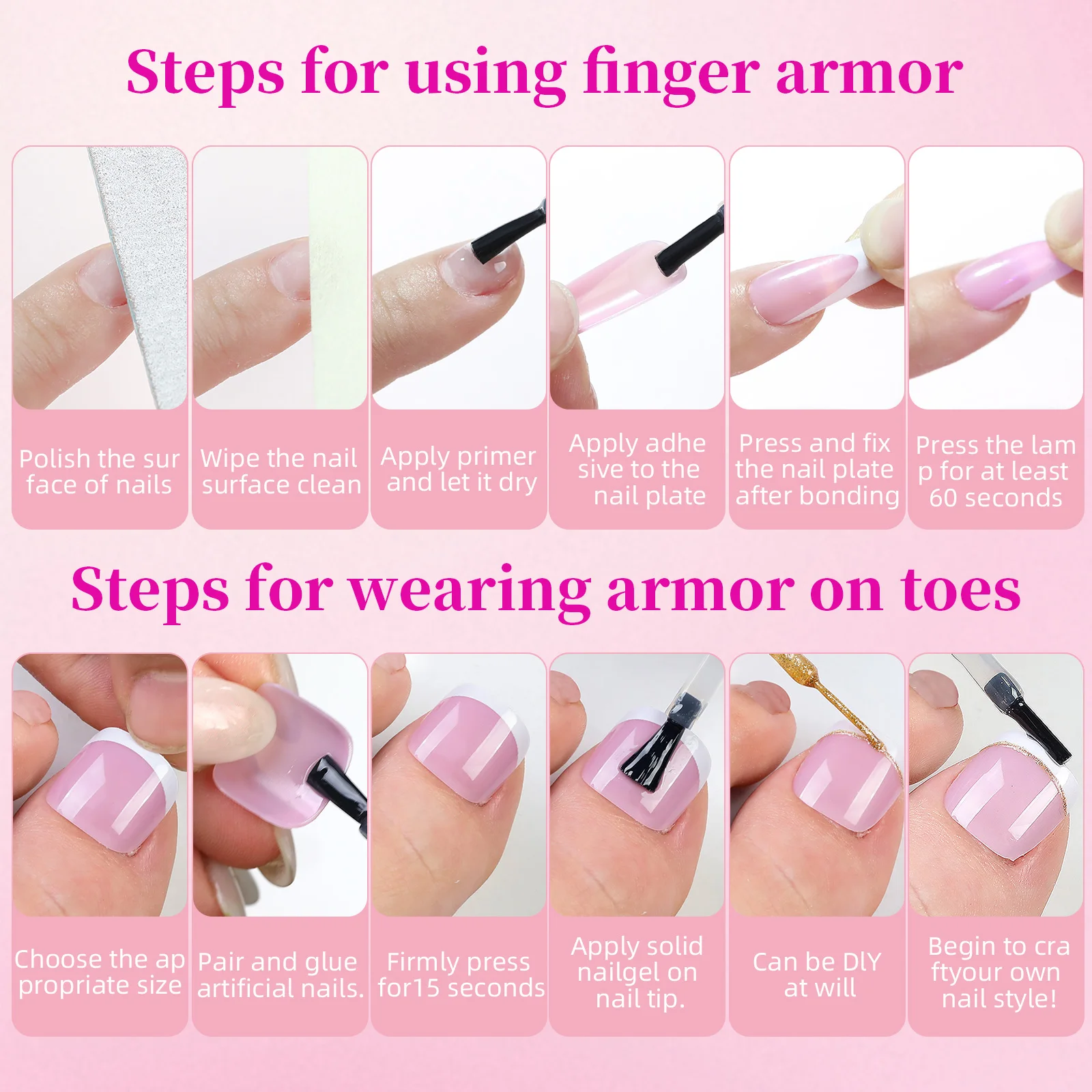 144pcs French Hand and Foot Wear Nail Set Summer Short Square Shiny False Toenail Acrylic Full Coverage Suitable for Nail Salon