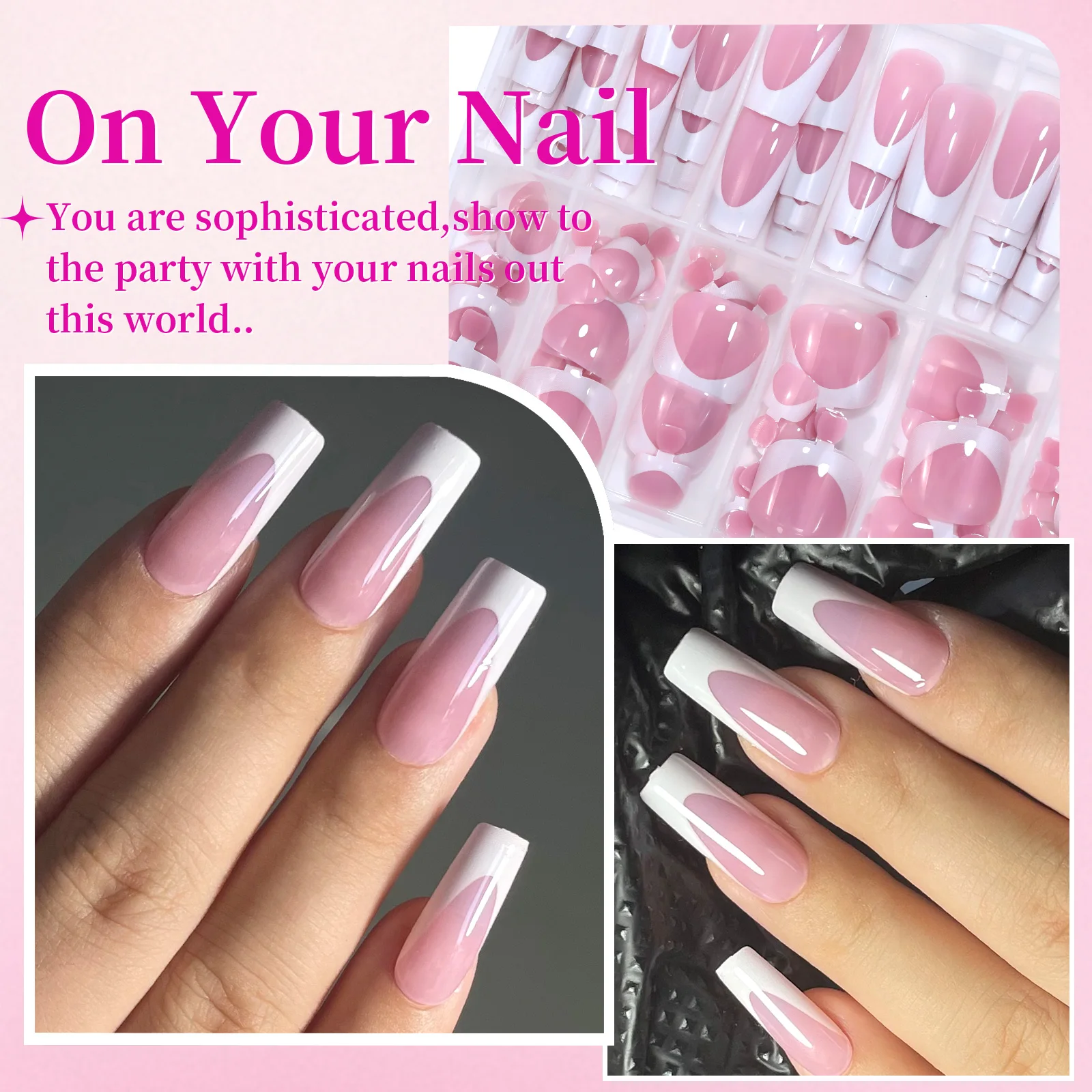 144pcs French Hand and Foot Wear Nail Set Summer Short Square Shiny False Toenail Acrylic Full Coverage Suitable for Nail Salon