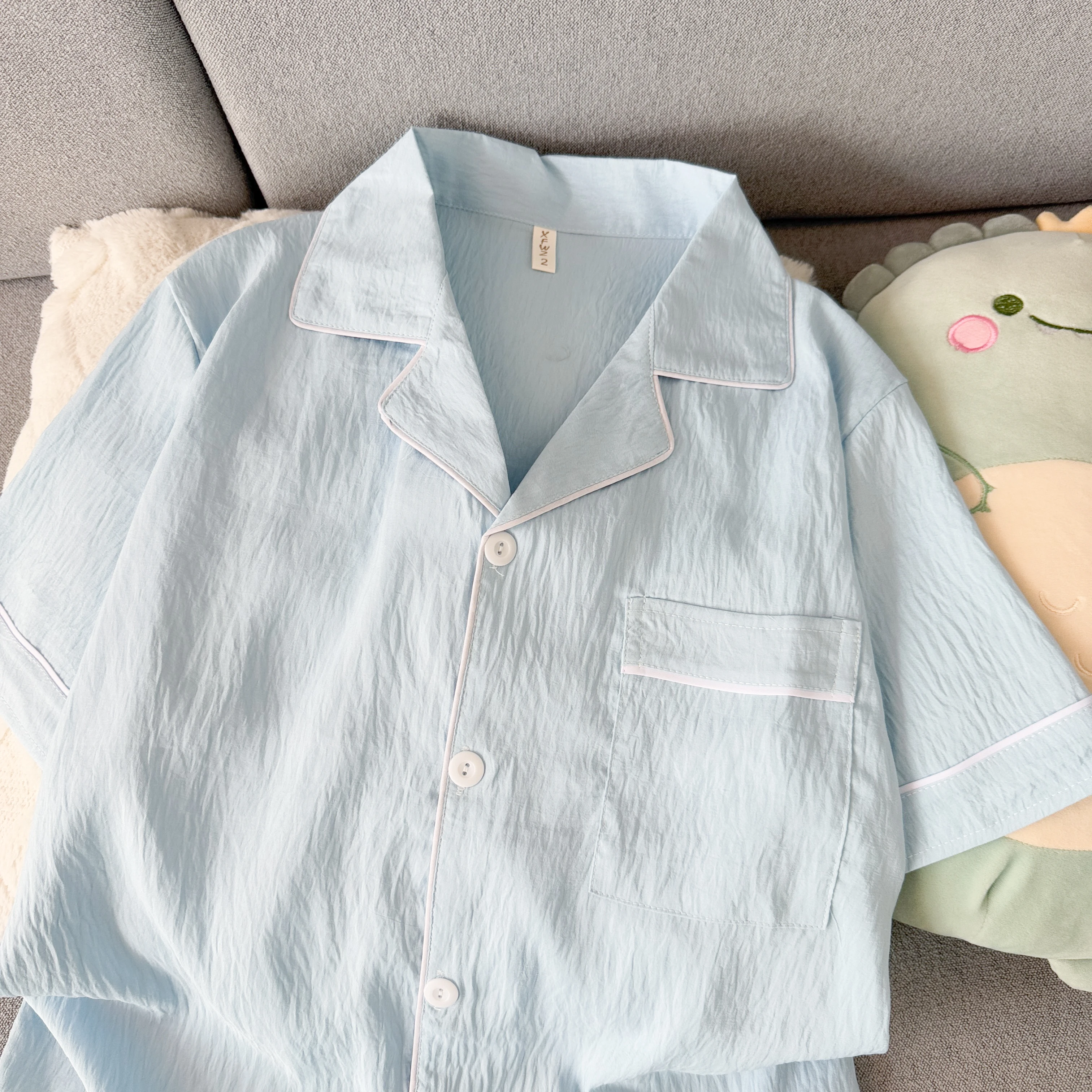 Youth Men's Slim Fit New Pajama Set Solid Color Short Sleeve Lapel Top and Elastic Shorts Pajamas Summer Loungewear Sleepwear