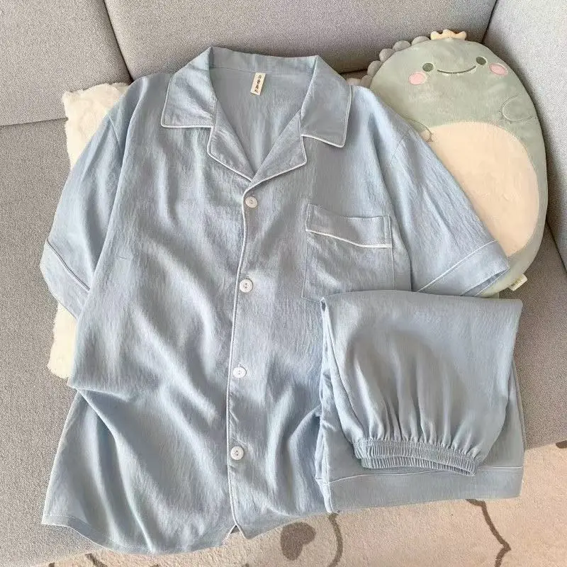 Youth Men's Slim Fit New Pajama Set Solid Color Short Sleeve Lapel Top and Elastic Shorts Pajamas Summer Loungewear Sleepwear