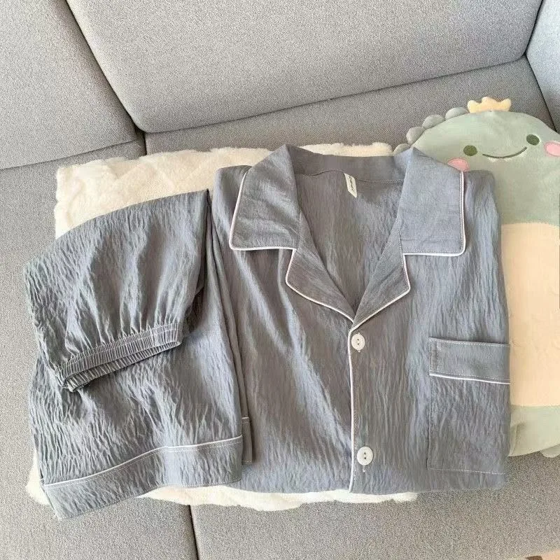 Youth Men's Slim Fit New Pajama Set Solid Color Short Sleeve Lapel Top and Elastic Shorts Pajamas Summer Loungewear Sleepwear