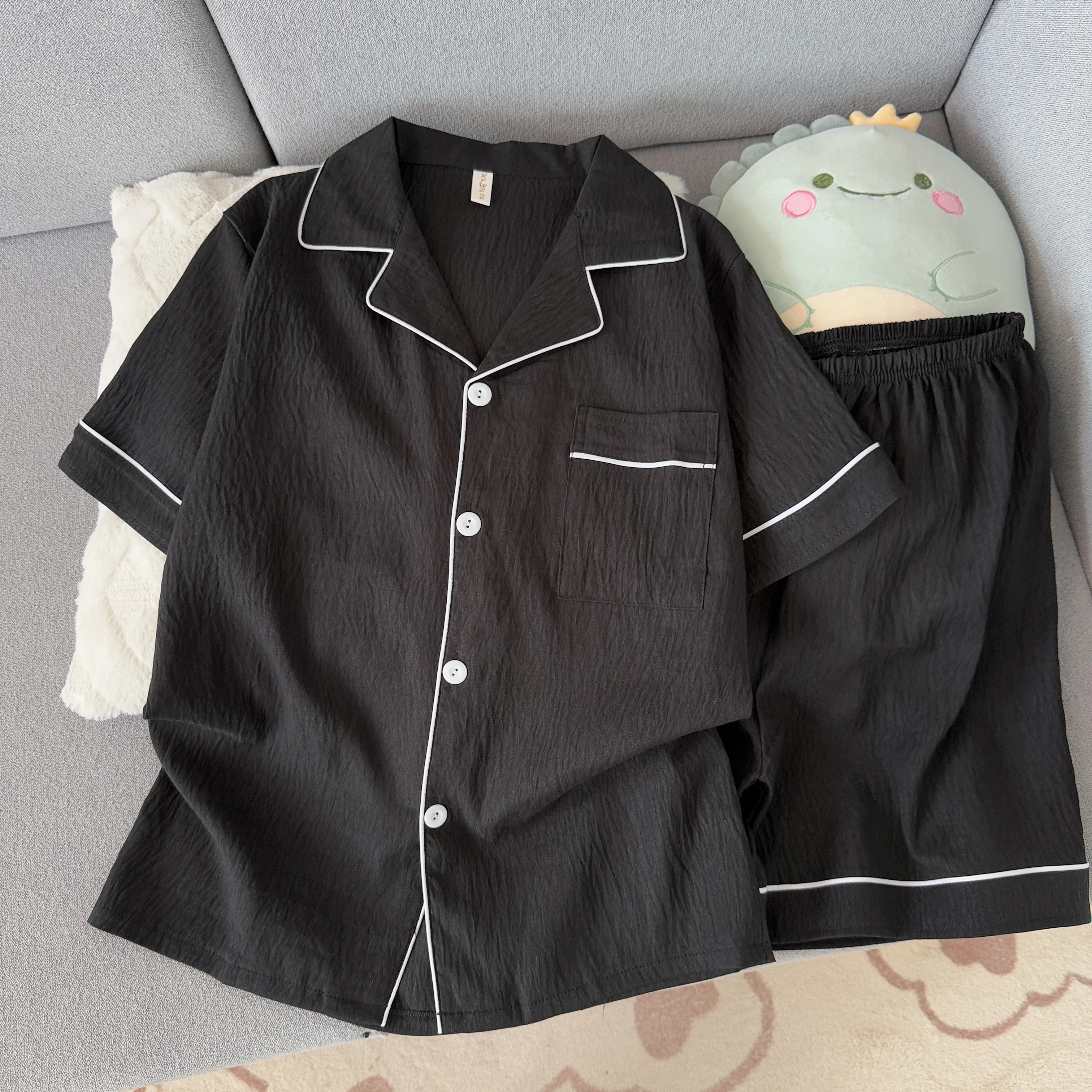 Youth Men's Slim Fit New Pajama Set Solid Color Short Sleeve Lapel Top and Elastic Shorts Pajamas Summer Loungewear Sleepwear