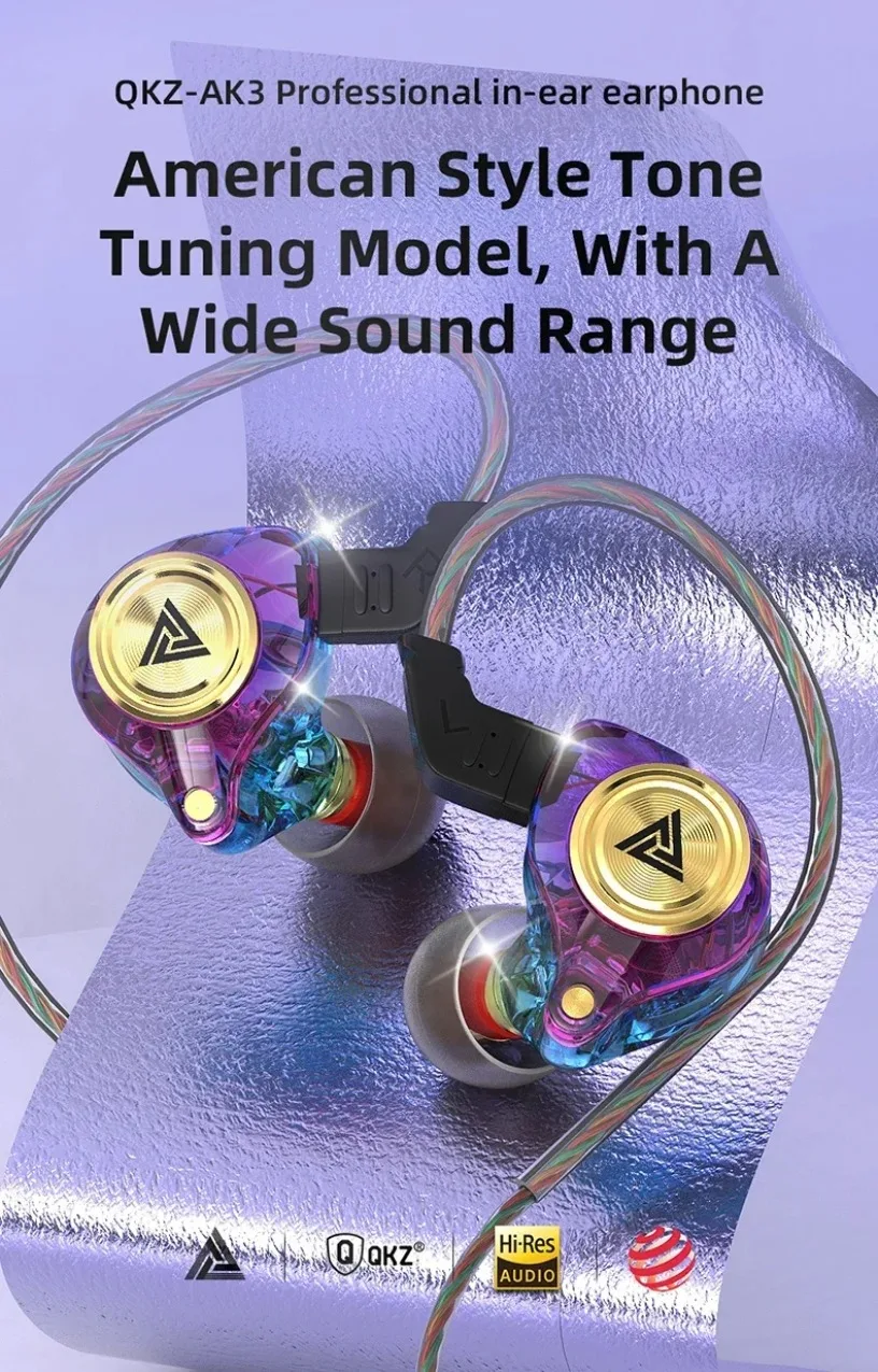 QKZ AK3 FiLe Wired Earphone with Microphone HiFi Music Monitor Bass Headphones Noise Cancelling Headset For Sport Gaming Earbuds