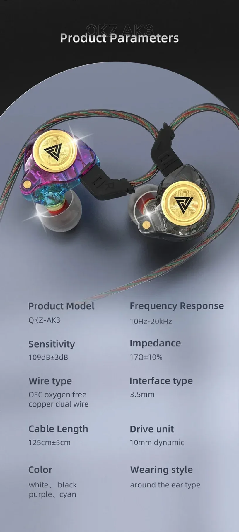 QKZ AK3 FiLe Wired Earphone with Microphone HiFi Music Monitor Bass Headphones Noise Cancelling Headset For Sport Gaming Earbuds