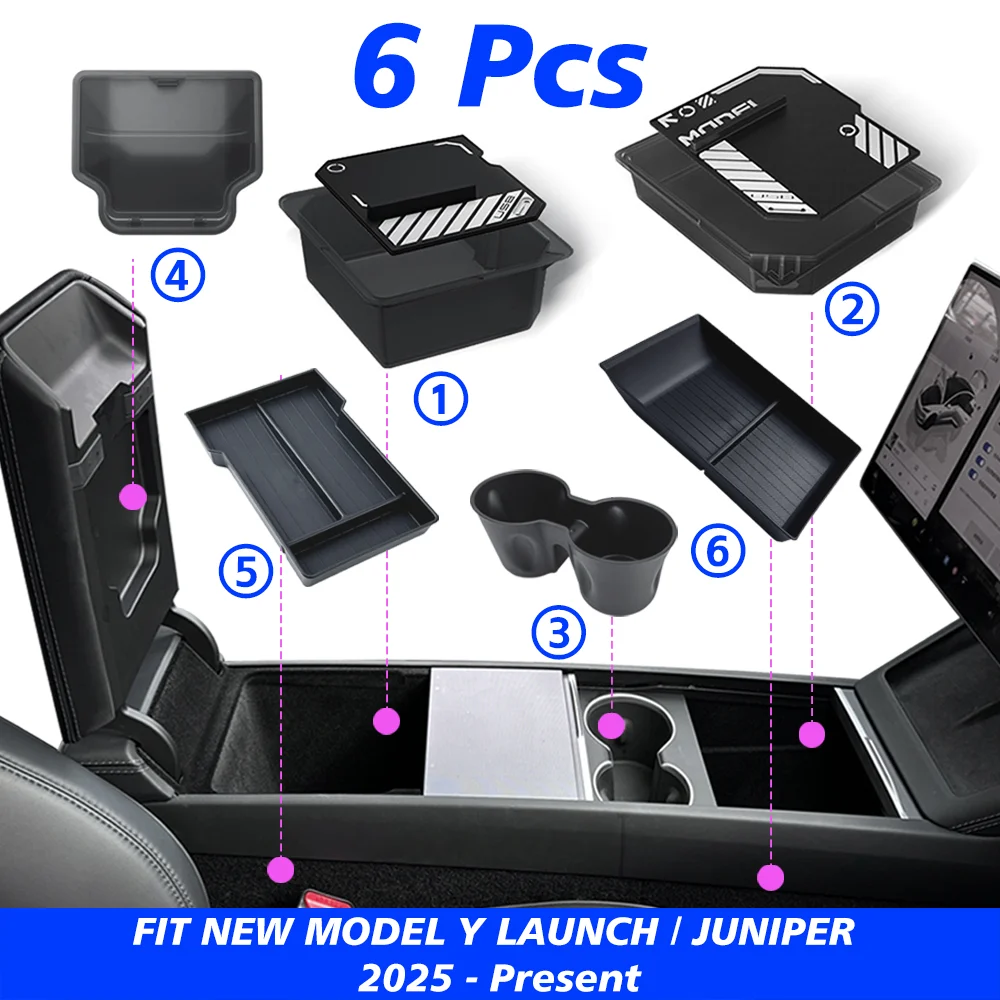 TEKSY 1/2/3/4/6/7/8pcs For Tesla New Model Y 2025 2026 Juniper ABS with Silicone Non-slip Mat Console & Armrest Storage Box