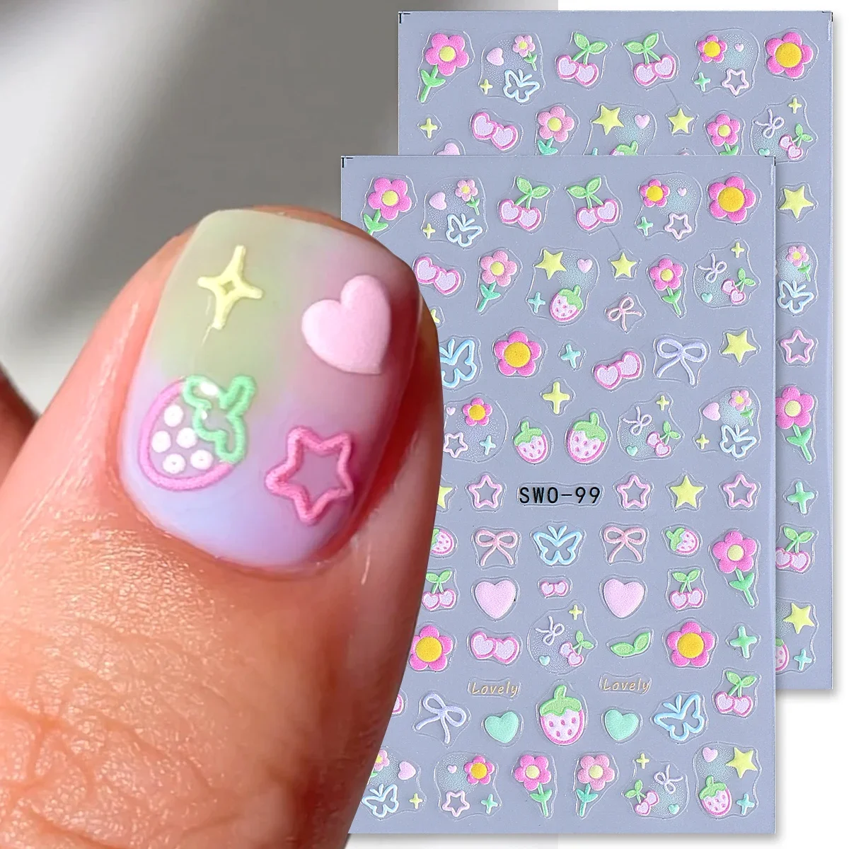 2pcs Sweet Element Nail Art Stickers Simple Flower Heart Cherry Strawberry Kawaii Decals Colorful Bow Butterfly Manicure Sliders