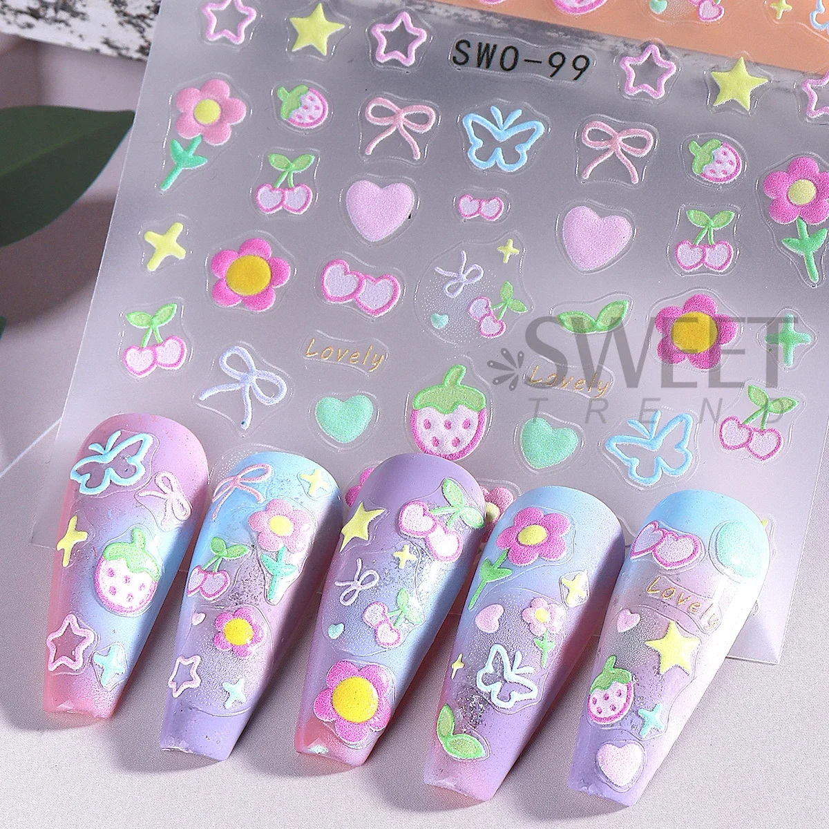 2pcs Sweet Element Nail Art Stickers Simple Flower Heart Cherry Strawberry Kawaii Decals Colorful Bow Butterfly Manicure Sliders