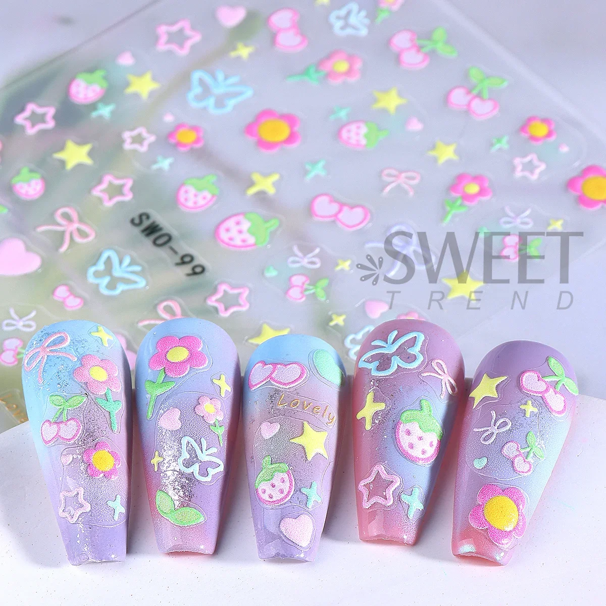 2pcs Sweet Element Nail Art Stickers Simple Flower Heart Cherry Strawberry Kawaii Decals Colorful Bow Butterfly Manicure Sliders