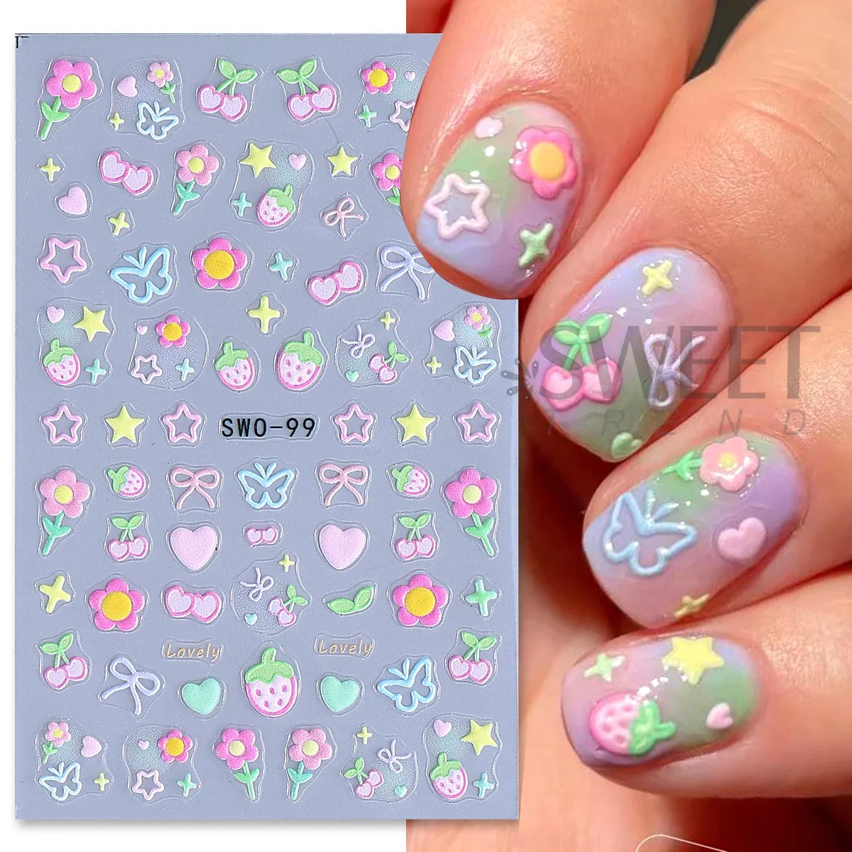 2pcs Sweet Element Nail Art Stickers Simple Flower Heart Cherry Strawberry Kawaii Decals Colorful Bow Butterfly Manicure Sliders