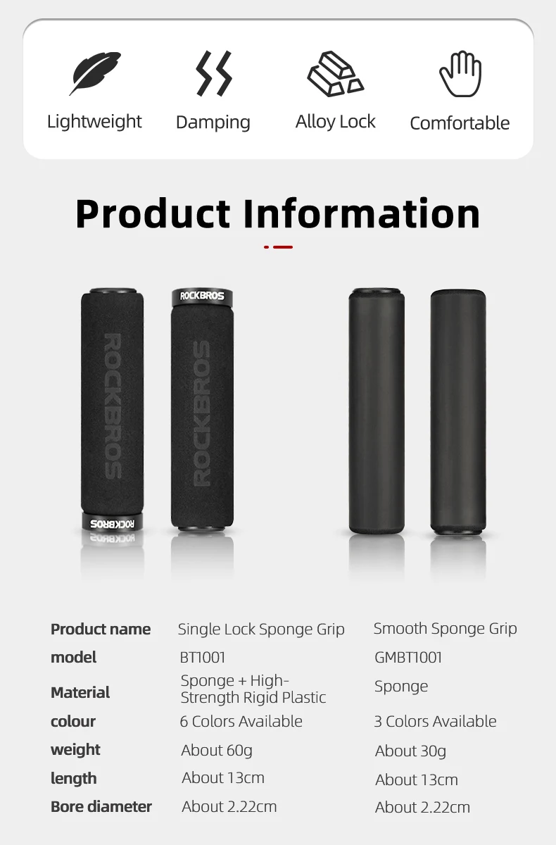 ROCKBROS Cycling Grips Anti-skid Shockproof Sponge Handlebar Grips MTB Road Bike Grips Ultraight Cycling Handlebars