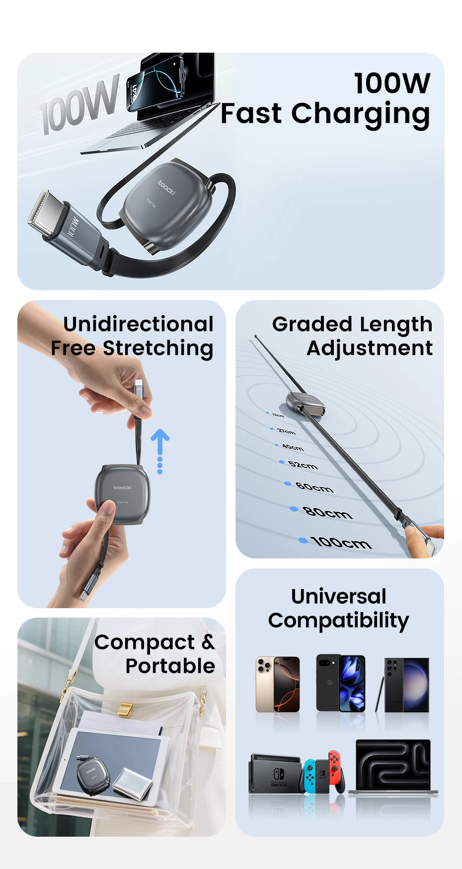 Toocki 100W Type C Retractable Cable For iphone 16 15 Pro Max Samsung Fast Charger Cable Mini Size 480Mbps Data Cable