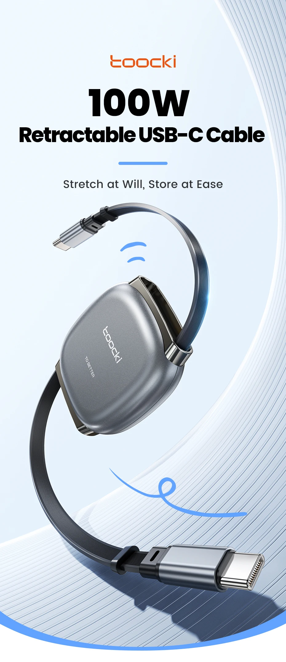 Toocki 100W Type C Retractable Cable For iphone 16 15 Pro Max Samsung Fast Charger Cable Mini Size 480Mbps Data Cable