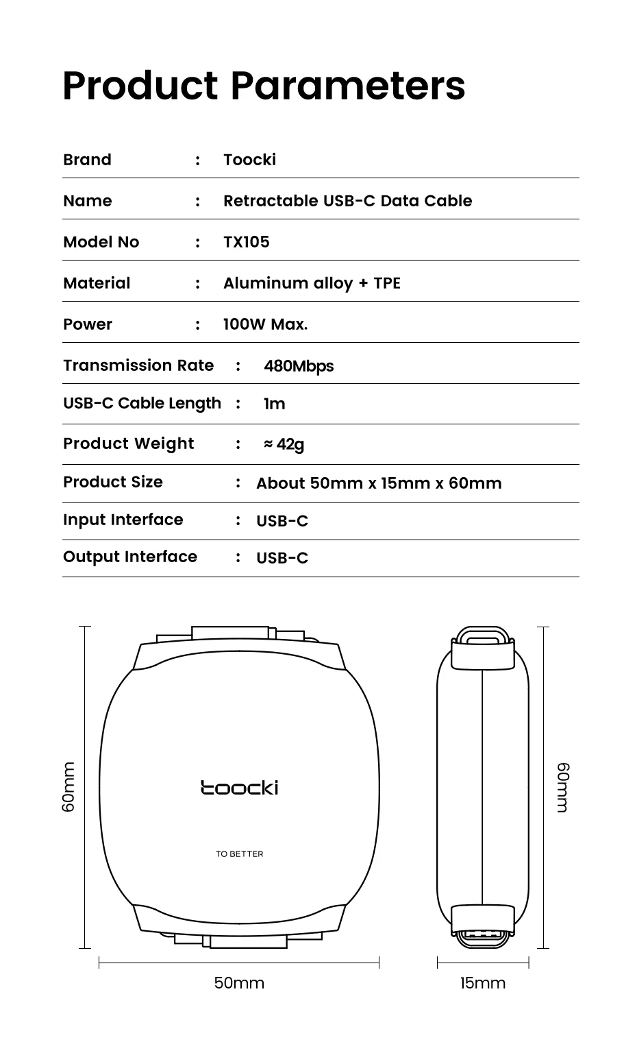 Toocki 100W Type C Retractable Cable For iphone 16 15 Pro Max Samsung Fast Charger Cable Mini Size 480Mbps Data Cable