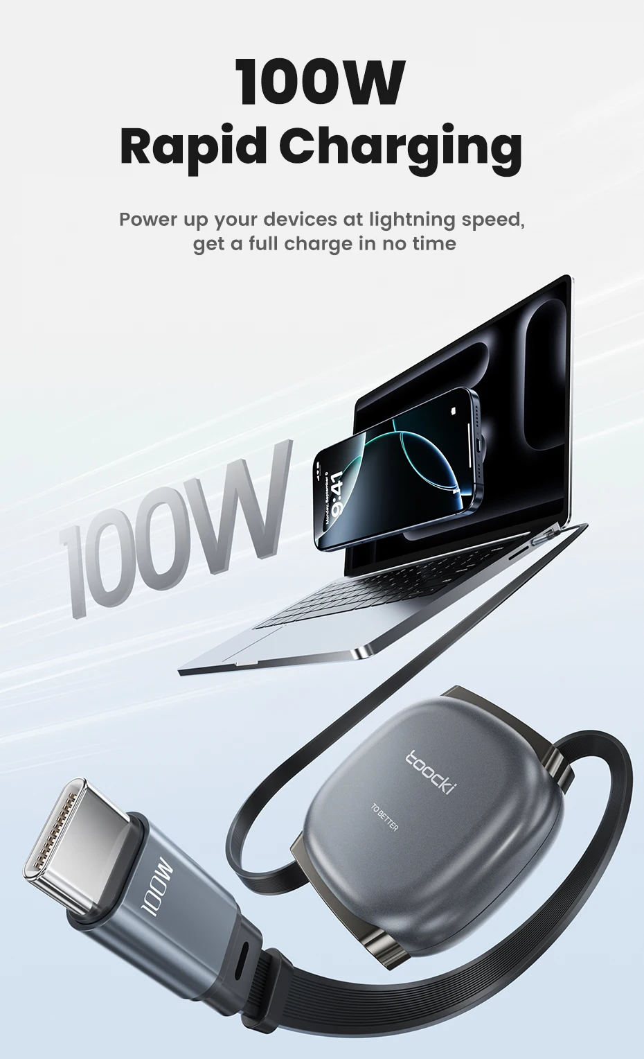 Toocki 100W Type C Retractable Cable For iphone 16 15 Pro Max Samsung Fast Charger Cable Mini Size 480Mbps Data Cable