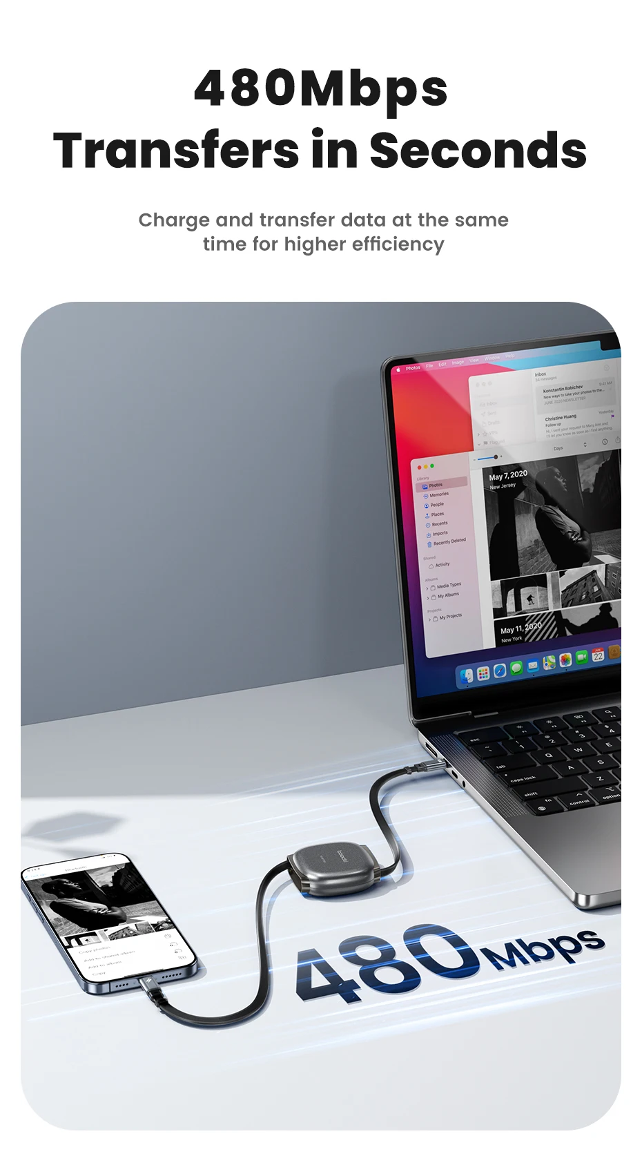 Toocki 100W Type C Retractable Cable For iphone 16 15 Pro Max Samsung Fast Charger Cable Mini Size 480Mbps Data Cable