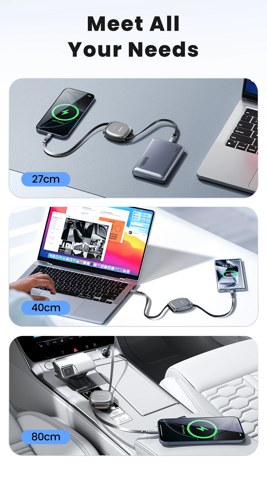 Toocki 100W Type C Retractable Cable For iphone 16 15 Pro Max Samsung Fast Charger Cable Mini Size 480Mbps Data Cable