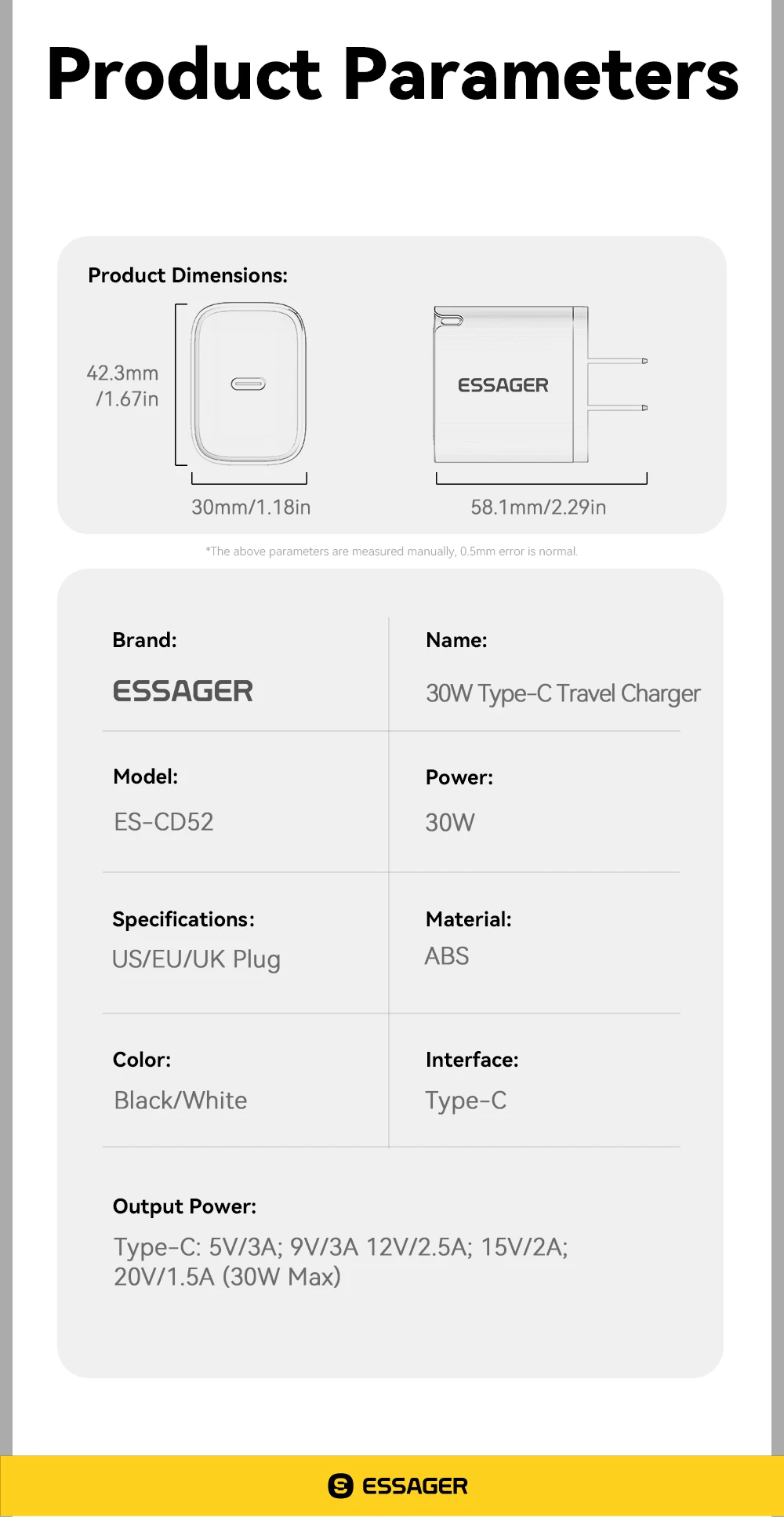Essager Mini 30W Type C Charger PD QC3.0 Fast Type C Charger For iPhone 16 15 14 13 Pro Samsung S25 Xiaomi iPad Travel Adapter