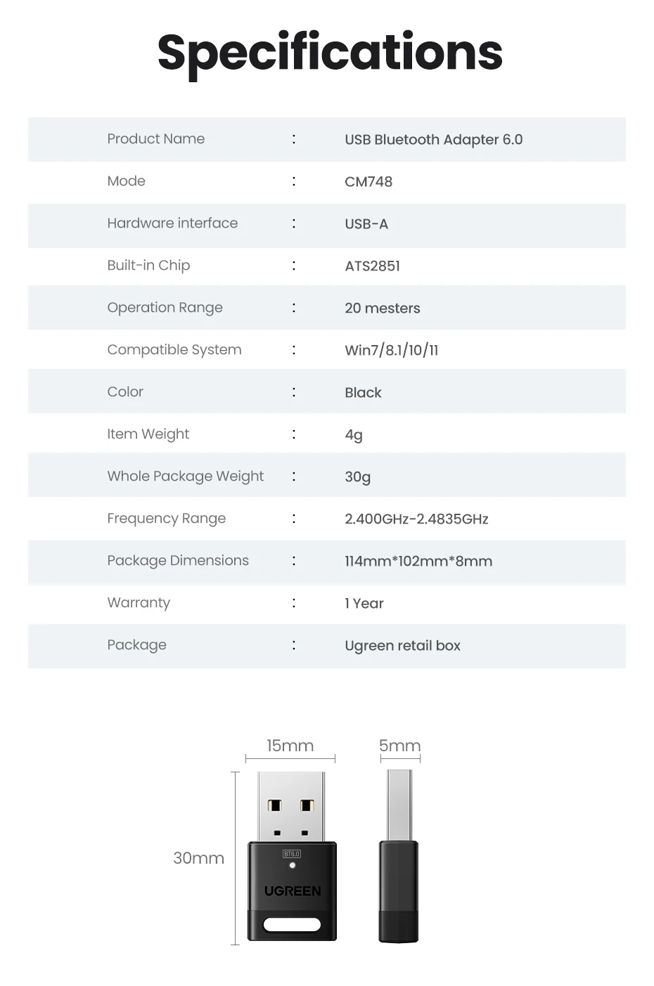 USB Bluetooth Adapter, Bluetooth 6.0 Dongle for PC Windows 11/10/8.1, Receiver & Transmitter for Keyboard/Mouse