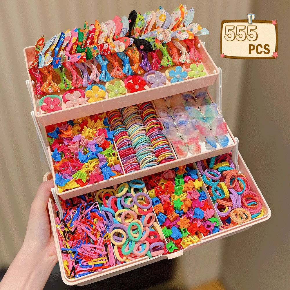 555pcs Girls Hair Accessories Set Colorful Butterfly Fashion Hair Clips Ties Elastic Bands for Daily Ponytail Fixation