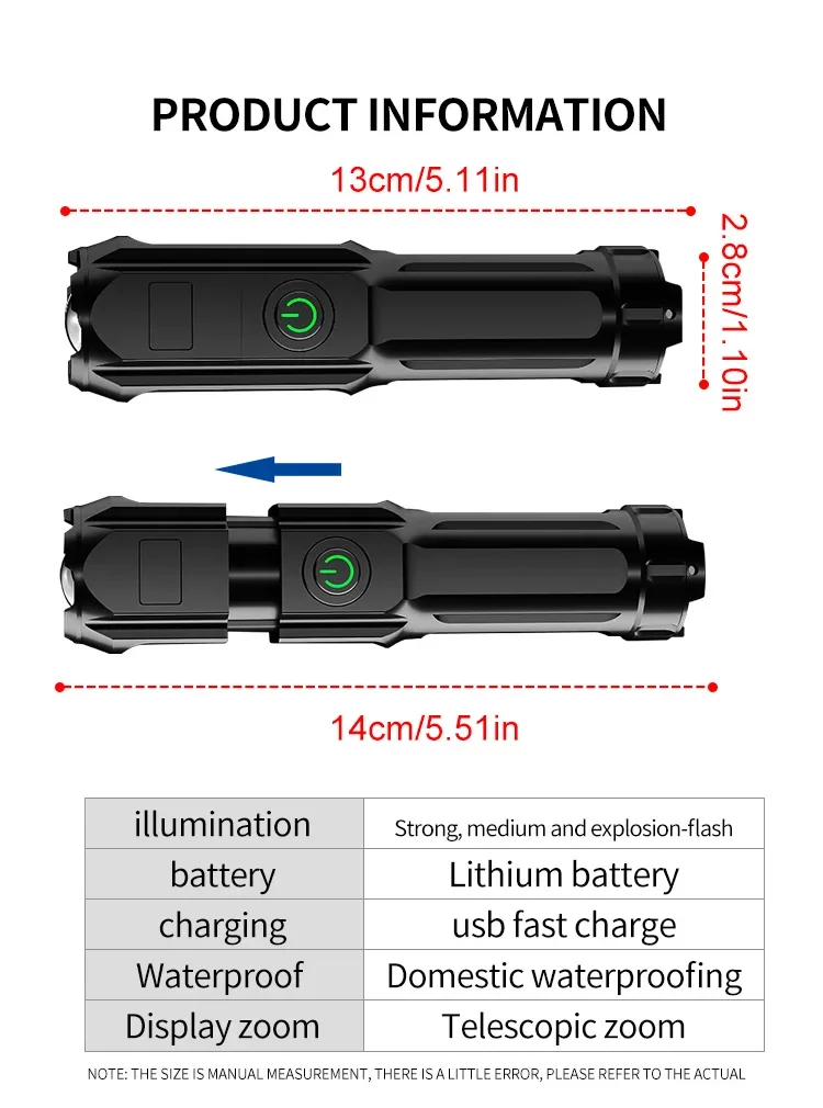 Powerful LED Flashlight Rechargeable USB Built-in Lithium Battery Waterproof Zoom Fishing Hunting Camping Tactical Flashlight