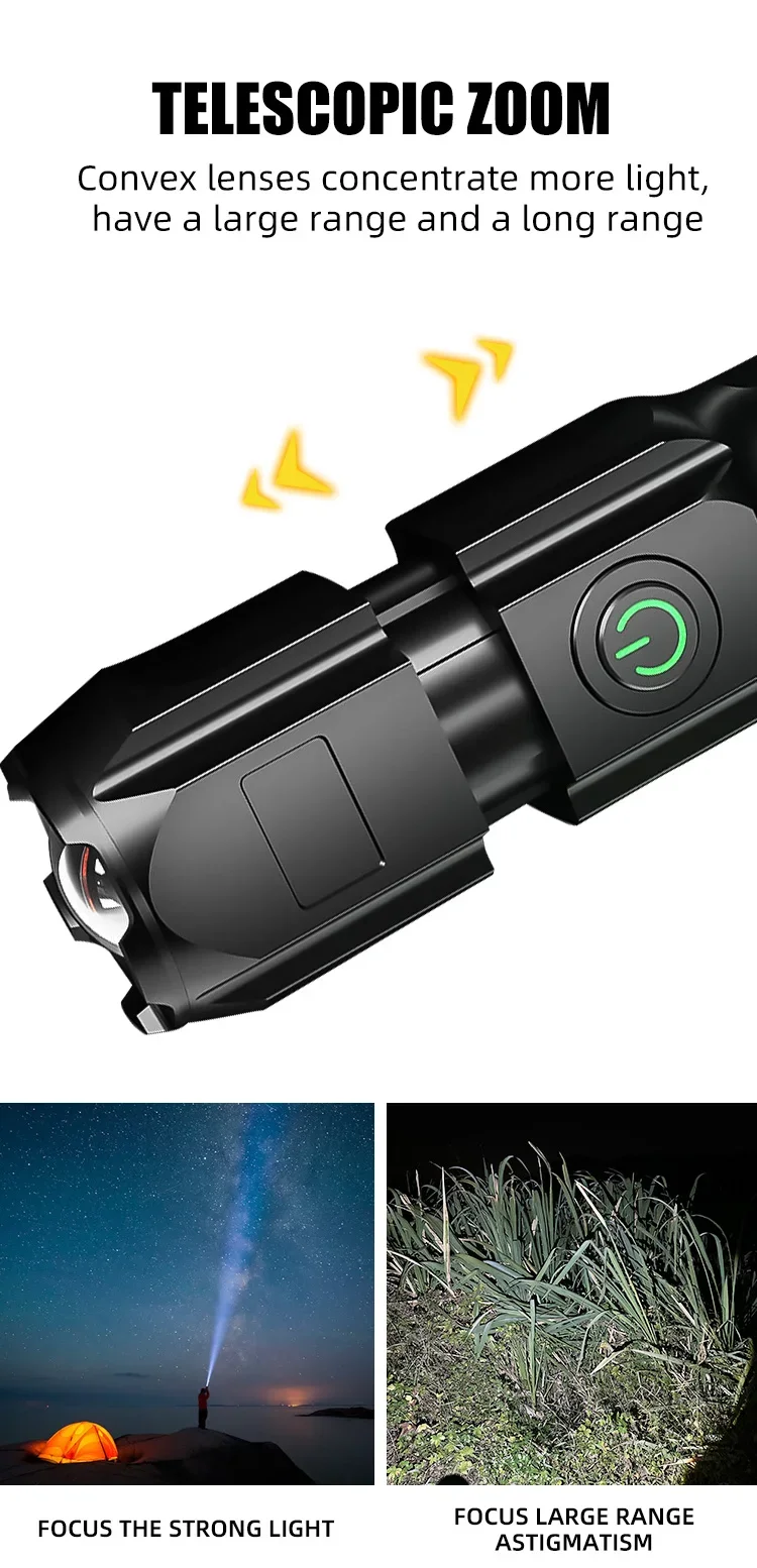 Powerful LED Flashlight Rechargeable USB Built-in Lithium Battery Waterproof Zoom Fishing Hunting Camping Tactical Flashlight