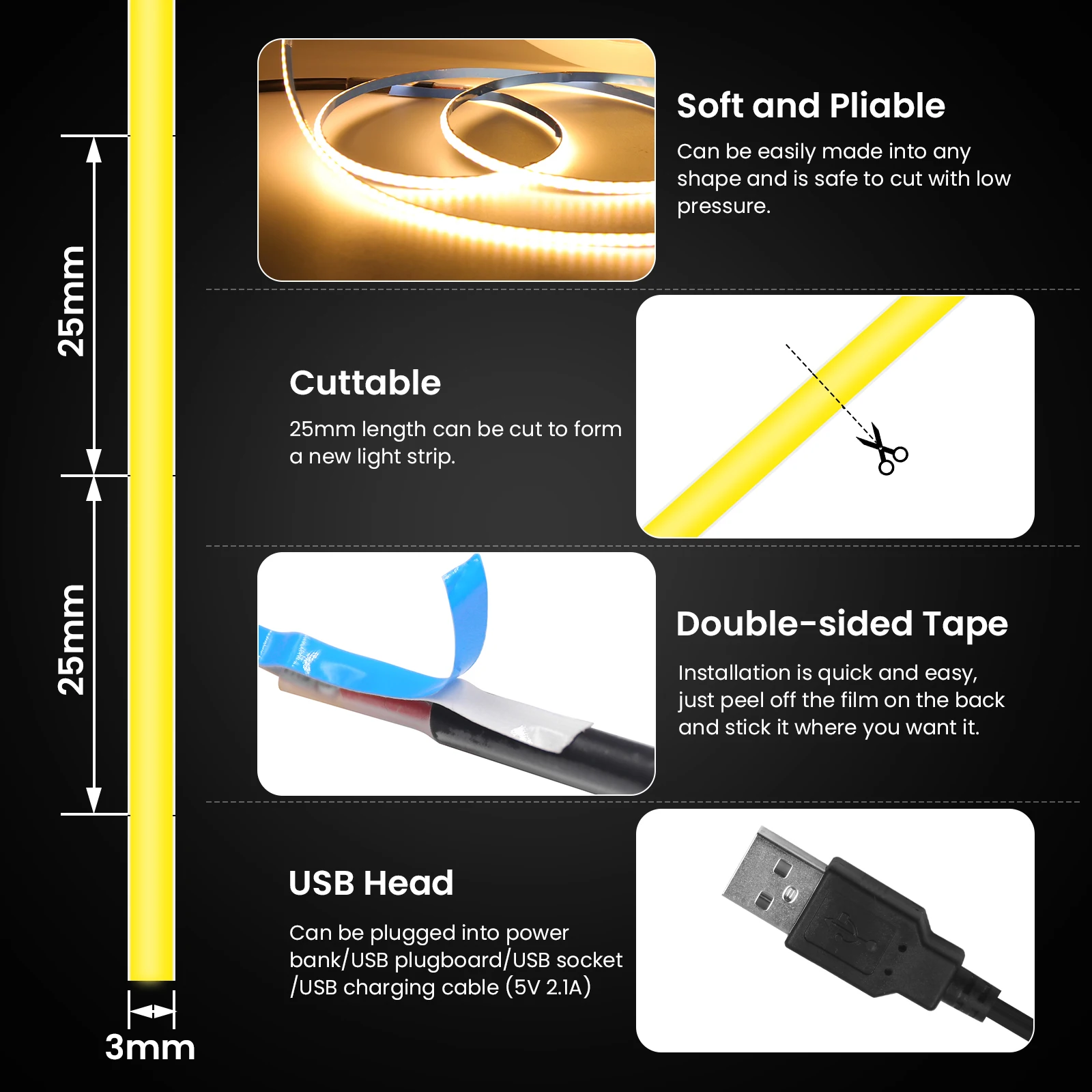 DC 5V USB COB Strip 3MM 5MM 8MM White/Pink/Red/White/Yellow/Ice Blue/Green Flexible Ribbon Rope Home Decor TV Backlight
