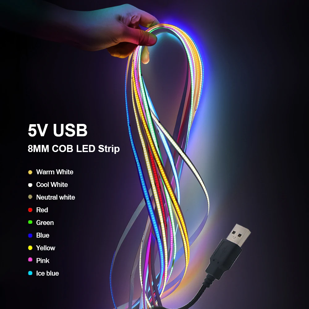 DC 5V USB COB Strip 3MM 5MM 8MM White/Pink/Red/White/Yellow/Ice Blue/Green Flexible Ribbon Rope Home Decor TV Backlight