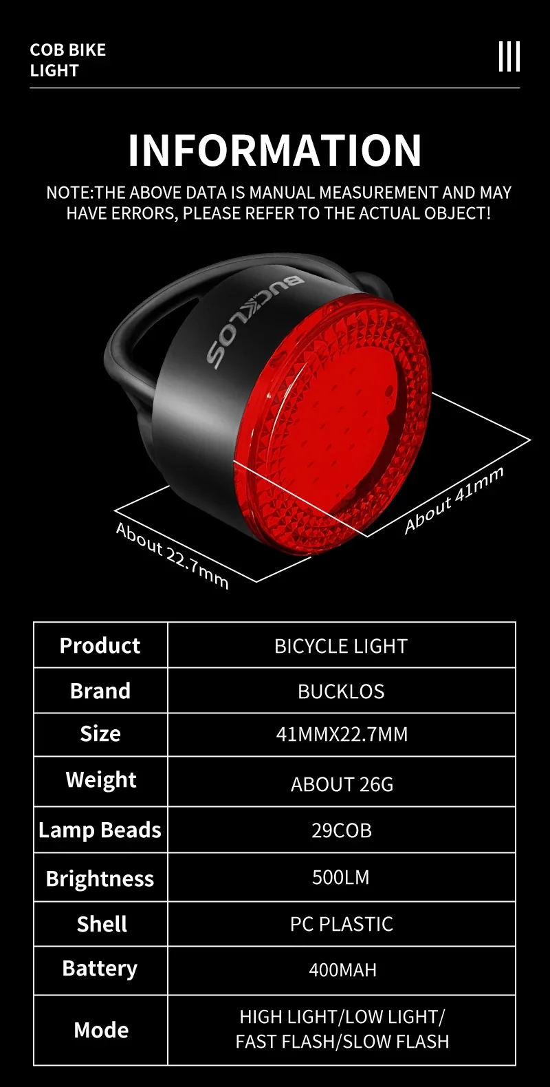 BUCKLOS Bike Light COB Front Rear Bicycle Lights LED Rechargeable Mountain Road Bicycle Lamp MTB Tail Light Cycling Flashlight