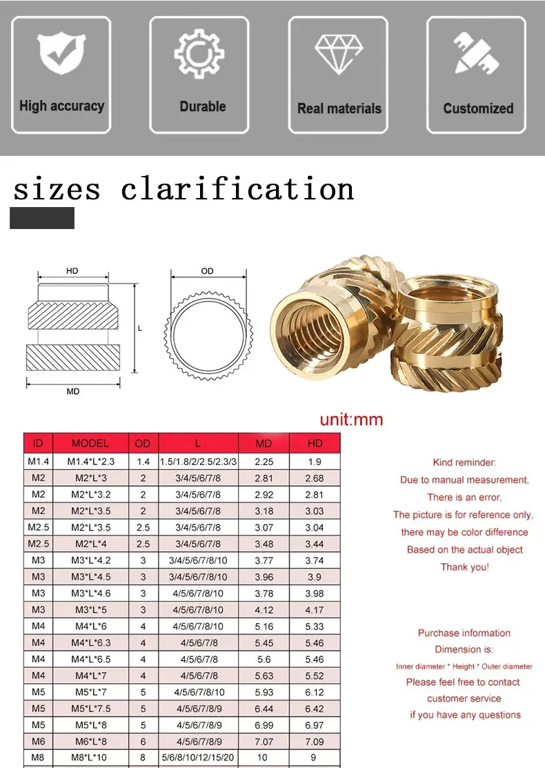M2 M3 M4 M5 M6 M8 Brass Heat Insert Nut Double Twill Knurled Hot Melt Injection Embed Thread Inserts Nuts For 3d Printer Plastic