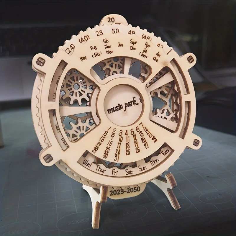 3D Wooden Puzzle Perpetual Calendar Mechanical Gears Toy Building Set Brain Teaser Games Engineering Toys Model Kits Handmade