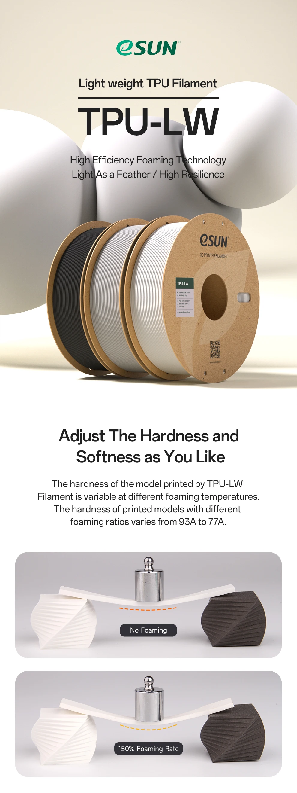 ESUN TPU 3D Printer Filament 1.75mm 0.75KG Light Weight TPU 3D Filament For Bambu Lab 3D Foam Aircraft Material TPU-LW Filament
