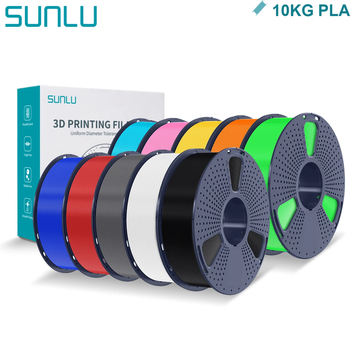 SUNLU PLA 3D Filament 1.75mm 10 Rolls 1KG Neatly Wound with Reuseable Spool 3D Printer PLA Filaments for Most FDM 3D Printers