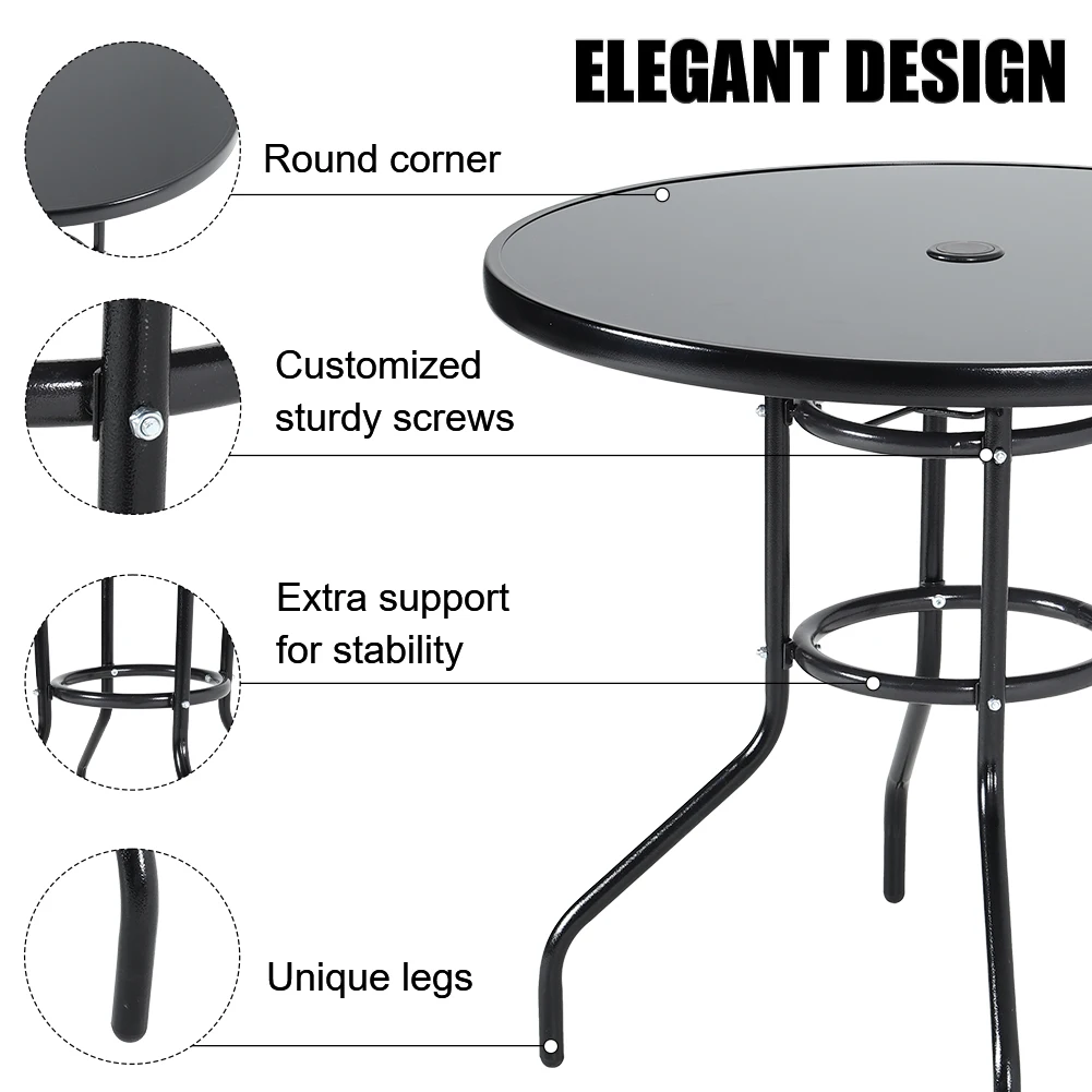 【Breeins】Outdoor Round Patio Table for Lawn Garden, All Weather Metal Black Round Patio Dining Table with Adjustable Umbrella