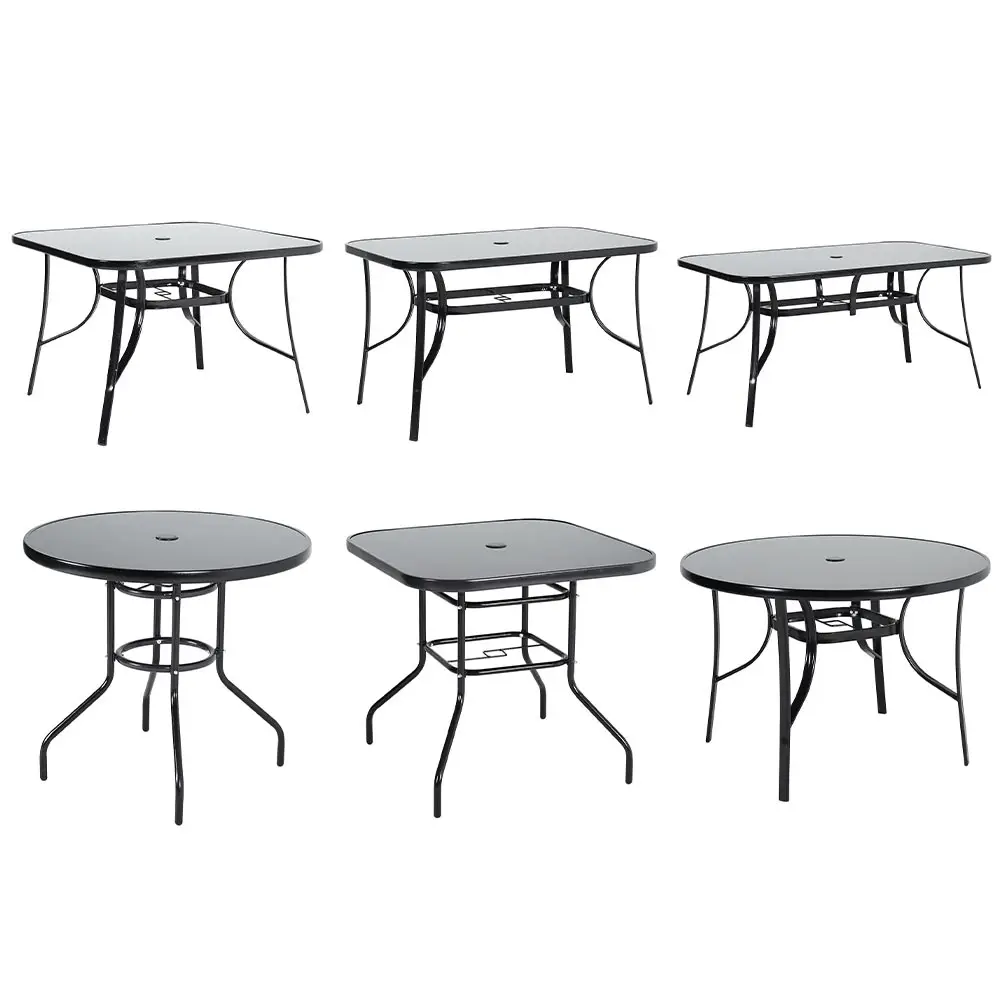 【Breeins】Outdoor Round Patio Table for Lawn Garden, All Weather Metal Black Round Patio Dining Table with Adjustable Umbrella