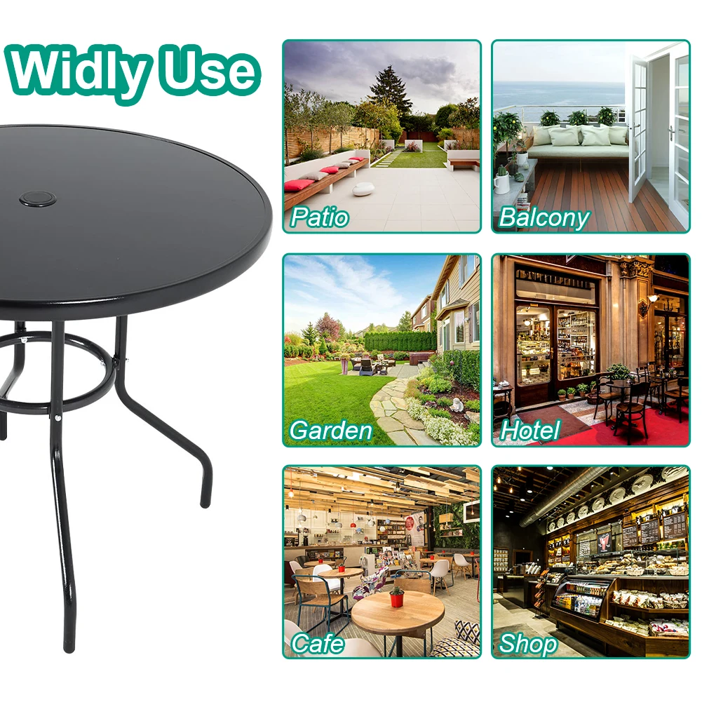 【Breeins】Outdoor Round Patio Table for Lawn Garden, All Weather Metal Black Round Patio Dining Table with Adjustable Umbrella