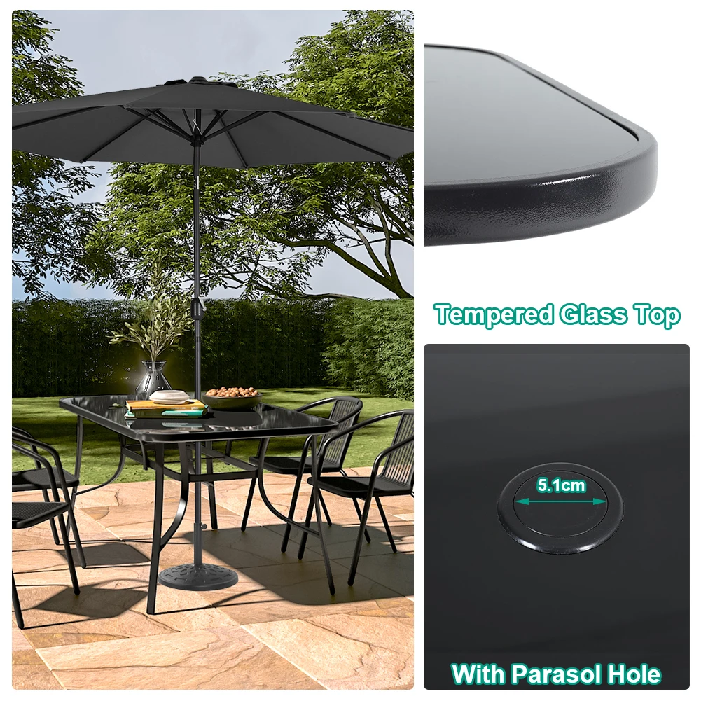 【Breeins】Outdoor Round Patio Table for Lawn Garden, All Weather Metal Black Round Patio Dining Table with Adjustable Umbrella