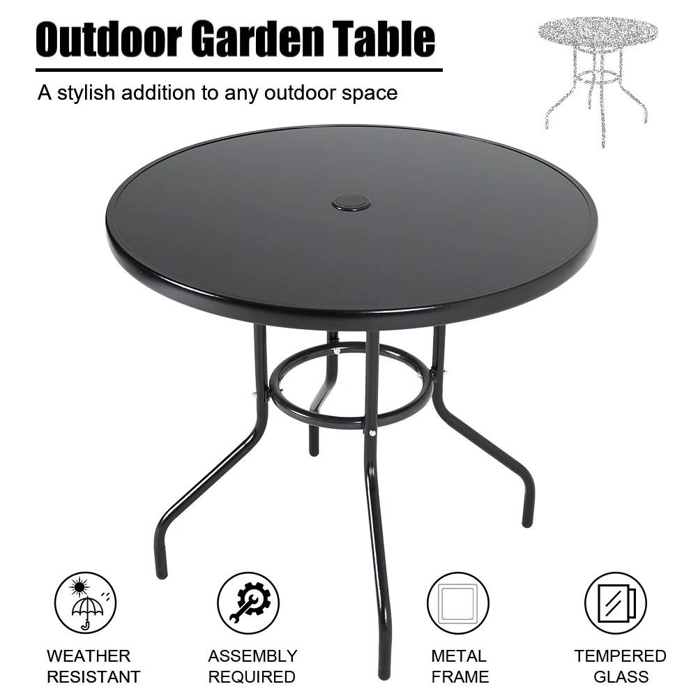 【Breeins】Outdoor Round Patio Table for Lawn Garden, All Weather Metal Black Round Patio Dining Table with Adjustable Umbrella