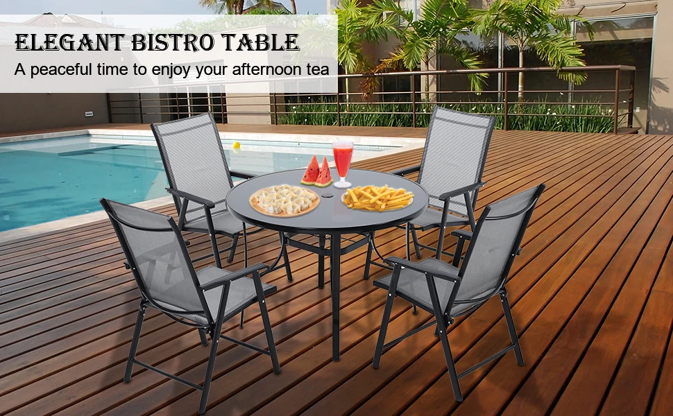 【Breeins】Outdoor Round Patio Table for Lawn Garden, All Weather Metal Black Round Patio Dining Table with Adjustable Umbrella