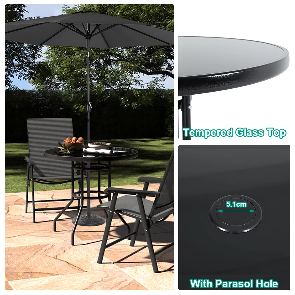 【Breeins】Outdoor Round Patio Table for Lawn Garden, All Weather Metal Black Round Patio Dining Table with Adjustable Umbrella