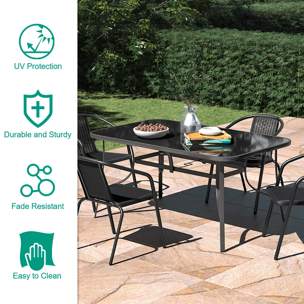 【Breeins】Outdoor Round Patio Table for Lawn Garden, All Weather Metal Black Round Patio Dining Table with Adjustable Umbrella