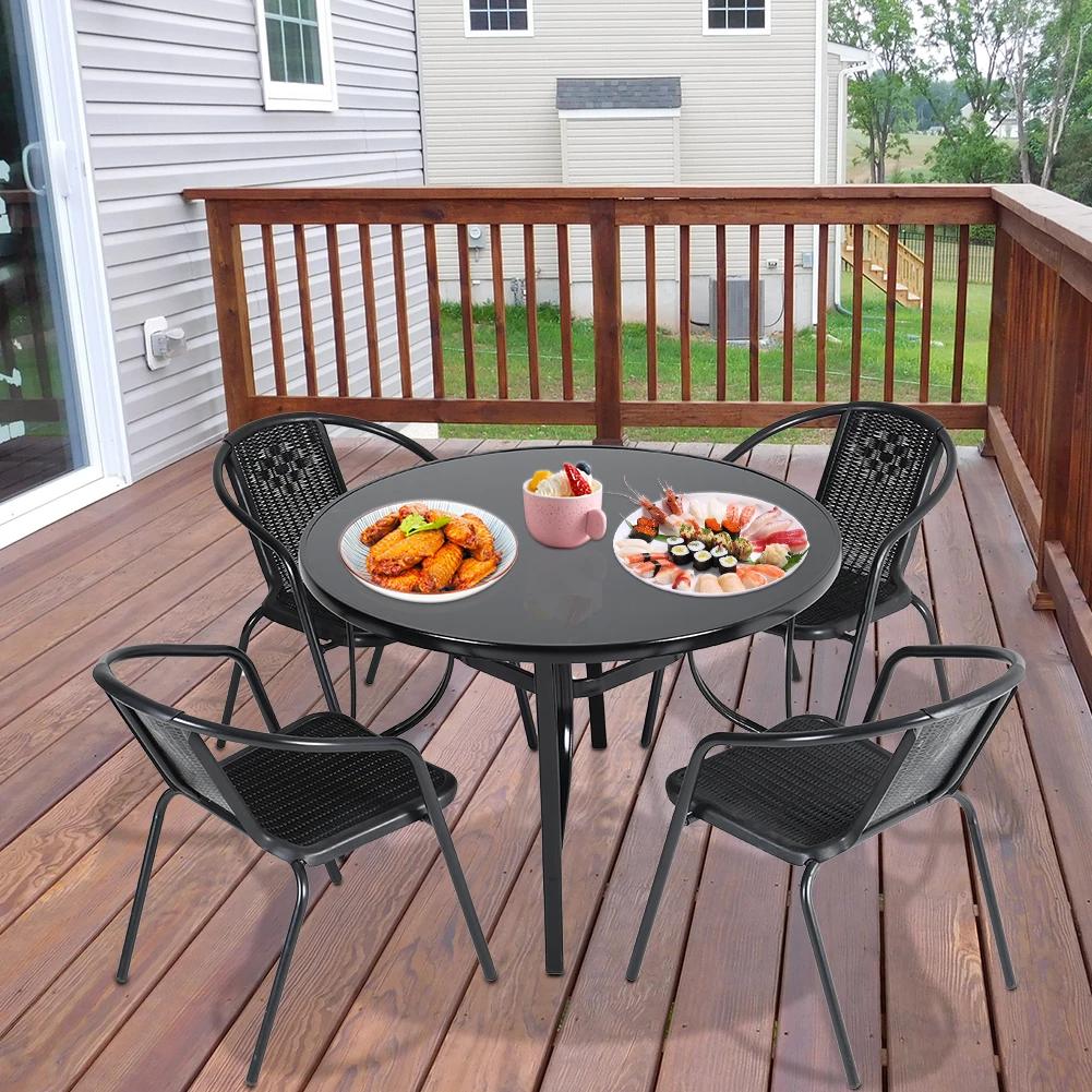 【Breeins】Outdoor Round Patio Table for Lawn Garden, All Weather Metal Black Round Patio Dining Table with Adjustable Umbrella