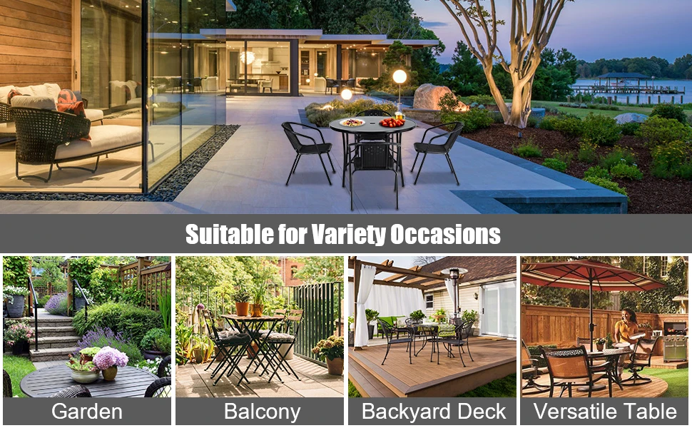 【Breeins】Outdoor Round Patio Table for Lawn Garden, All Weather Metal Black Round Patio Dining Table with Adjustable Umbrella