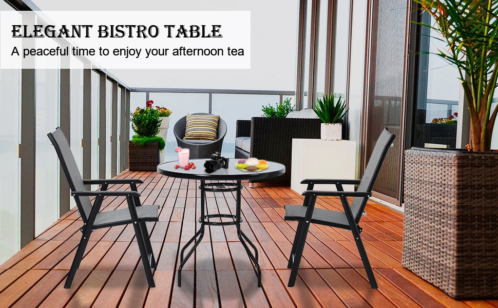 【Breeins】Outdoor Round Patio Table for Lawn Garden, All Weather Metal Black Round Patio Dining Table with Adjustable Umbrella