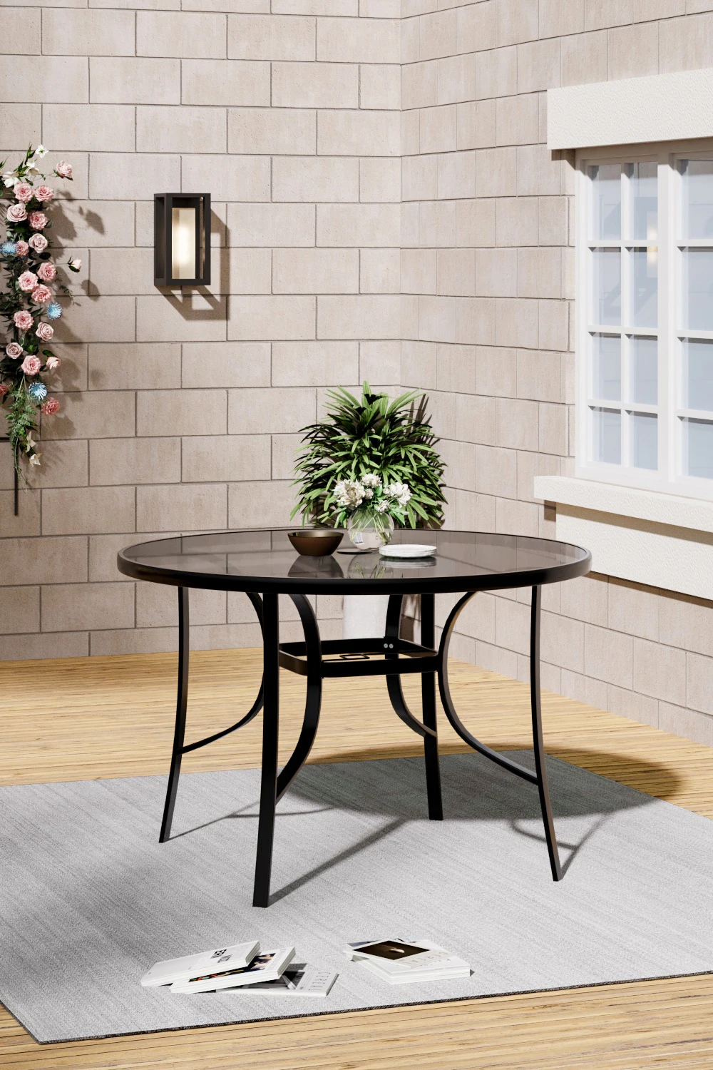 【Breeins】Outdoor Round Patio Table for Lawn Garden, All Weather Metal Black Round Patio Dining Table with Adjustable Umbrella