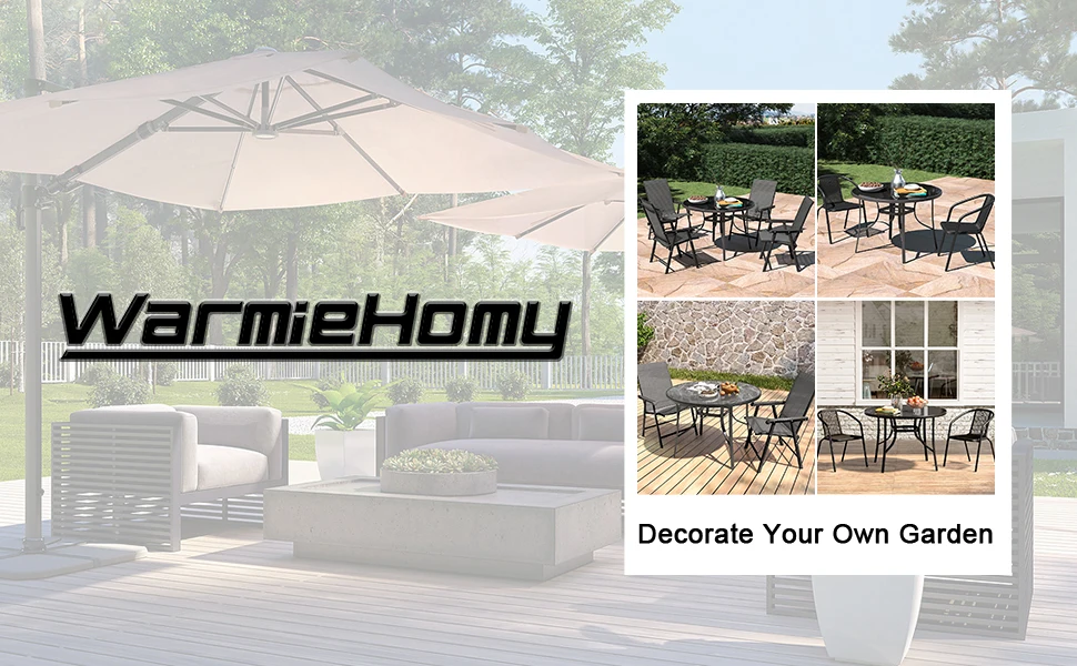 【Breeins】Outdoor Round Patio Table for Lawn Garden, All Weather Metal Black Round Patio Dining Table with Adjustable Umbrella